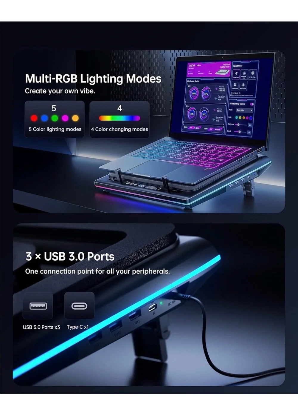 New Open Box llano V12 Ultra Laptop Cooling Pad with Smart Software Control, RGB